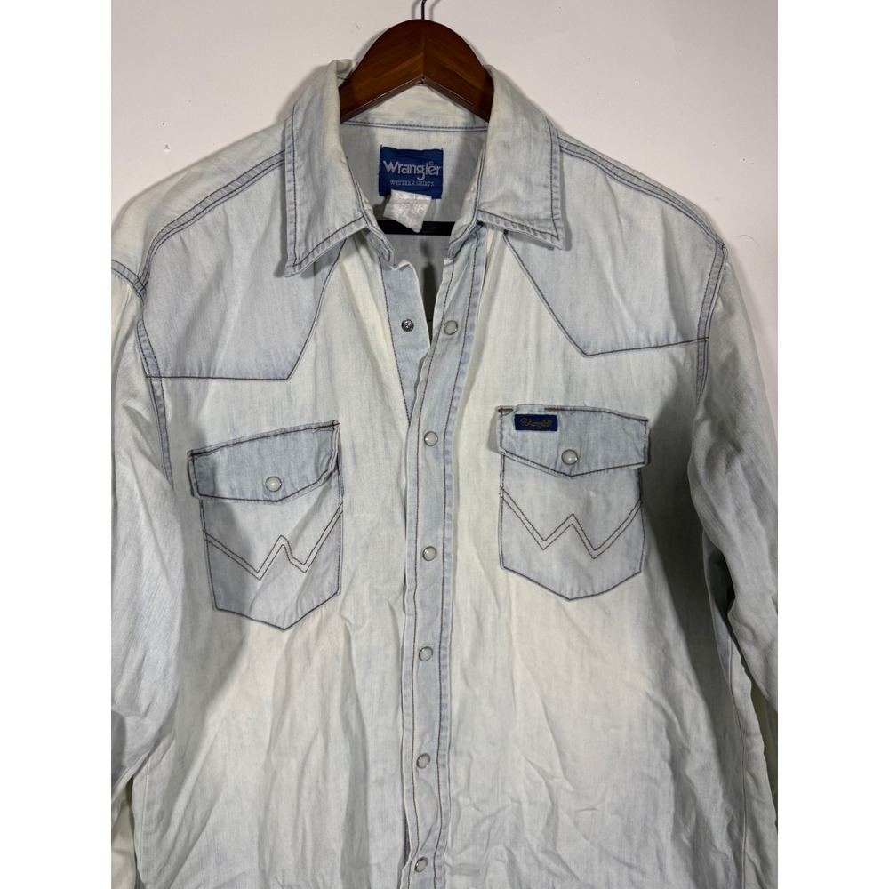 Wrangler Western Denim Shirt Mens XL Light Acid Wash Pearl Snap Long Sleeve
